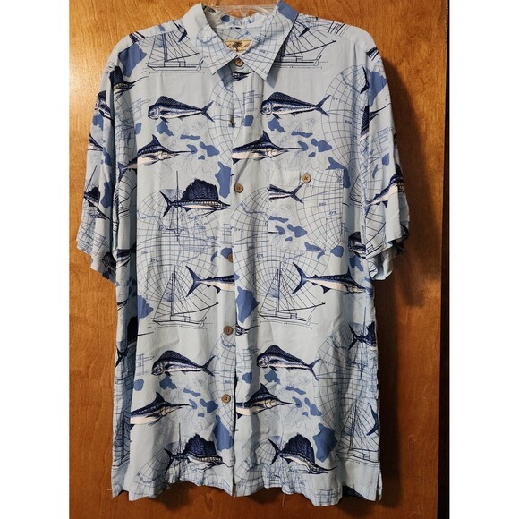 Joe Marlin Button Up Shirt Men’s Large L Blue Fishing Short Sleeves Pocket Rayon - Picture 1 of 4